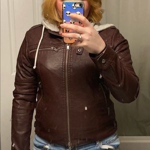 Leather Jacket with grey hood